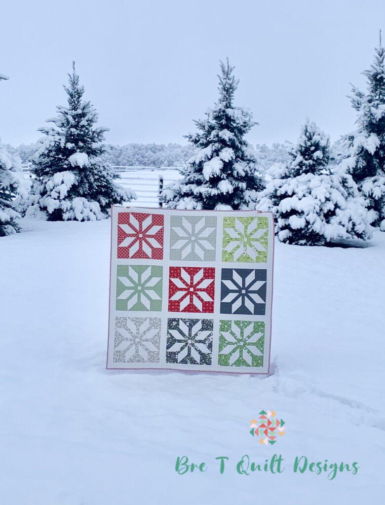 Finished Bright Stars Quilt By Elisa & Higgs in Holliberry Fabric Shown In the Snow