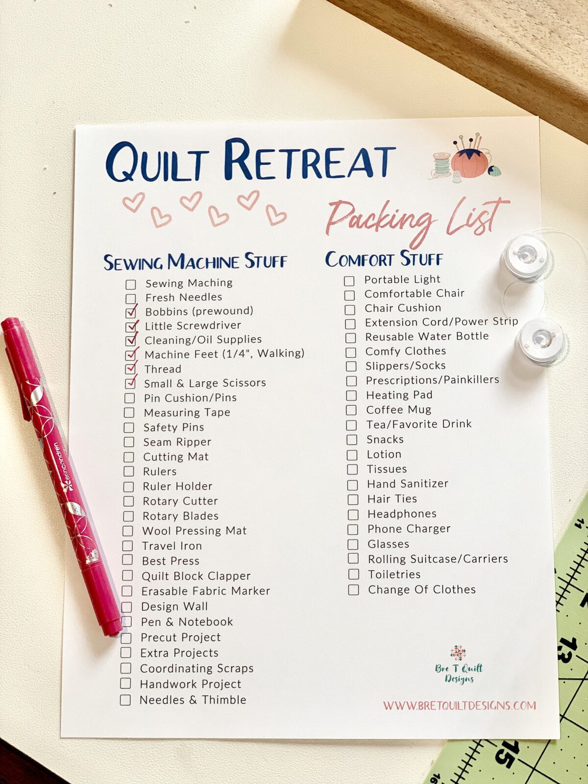 Quilt Retreat Packing List- Free Printable