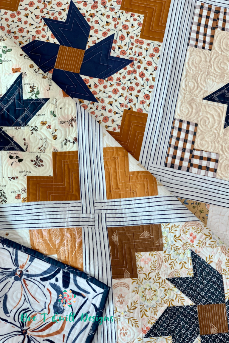 Close up of scrappy floral hall quilt blue navy blue and brown scraps and custom swirled quilting.