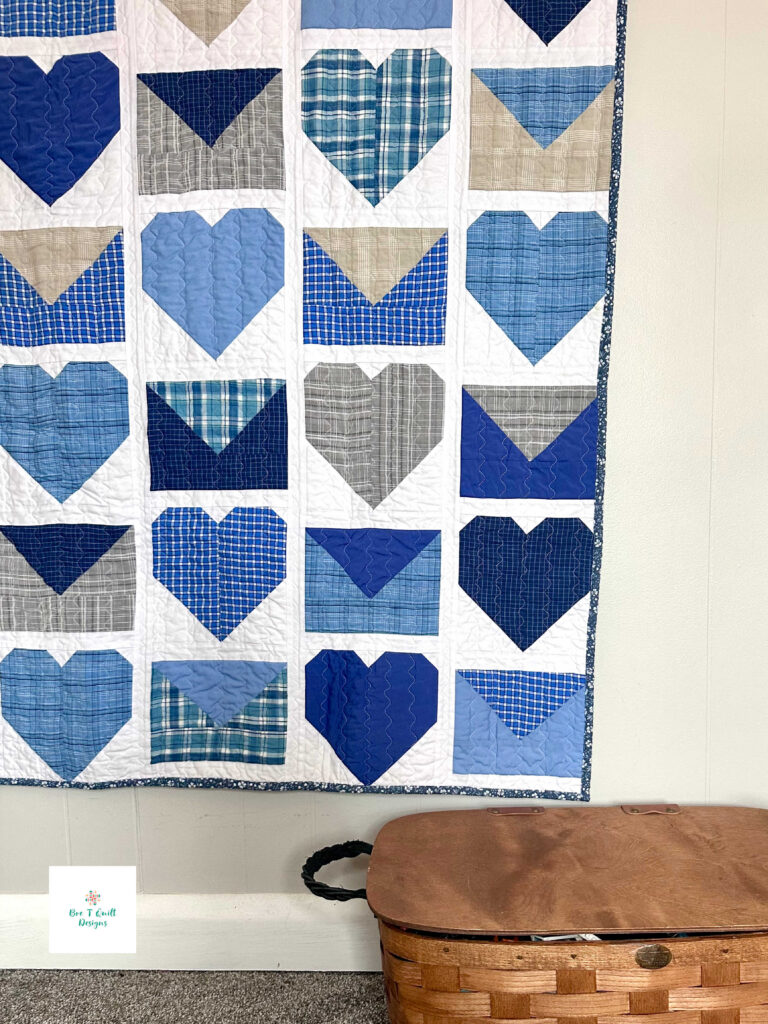 Love Letters Memory Quilt- Bre T Quilt Designs copy 2 Close-up of a "Love Letter" envelope block, showcasing the precision of the pattern and the variety of striped and solid cotton fabrics used.