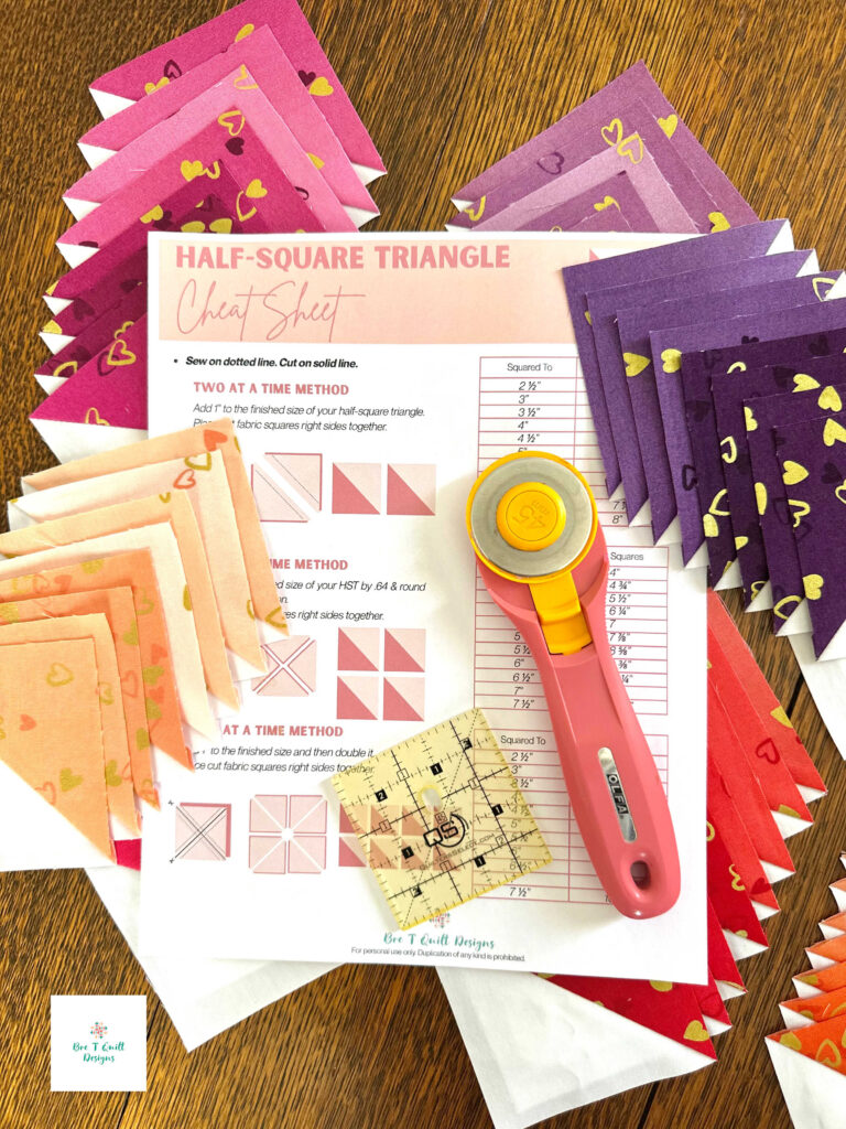 Half-Square triangle cheat sheet surrounded by half square triangles