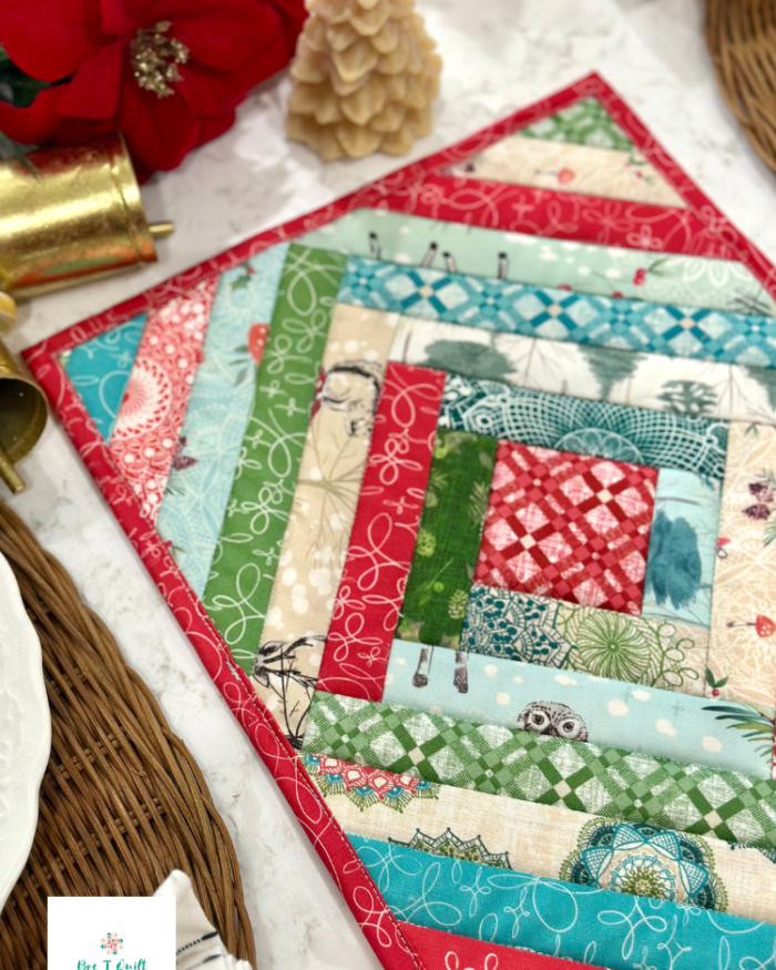 Finished diamond quilt-as-you-go casserole hot pad in Winter Haven Christmas fabric by Rachel Rossi for Benartex with visible quilting texture