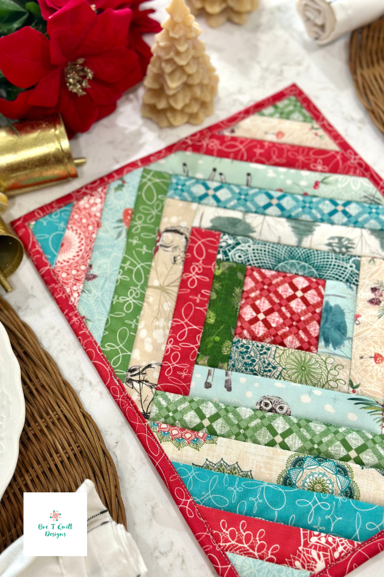 Finished diamond quilt-as-you-go casserole hot pad in Winter Haven Christmas fabric by Rachel Rossi for Benartex with visible quilting texture