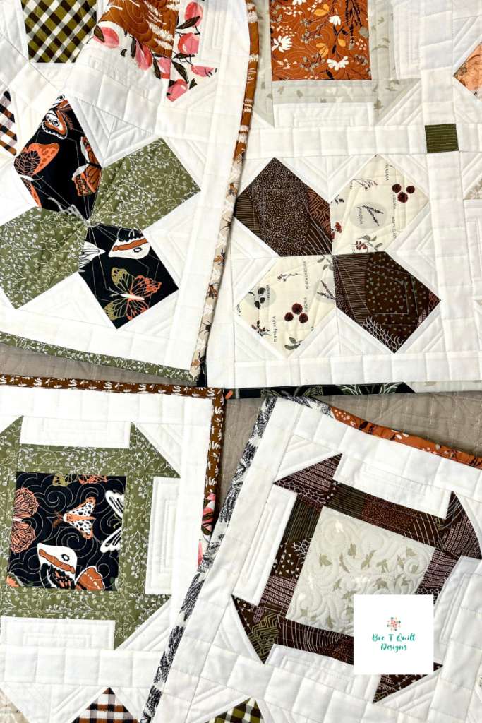 featured mayflower quilt block and churn dash quilt blocks in art gallery earthy fabrics. 